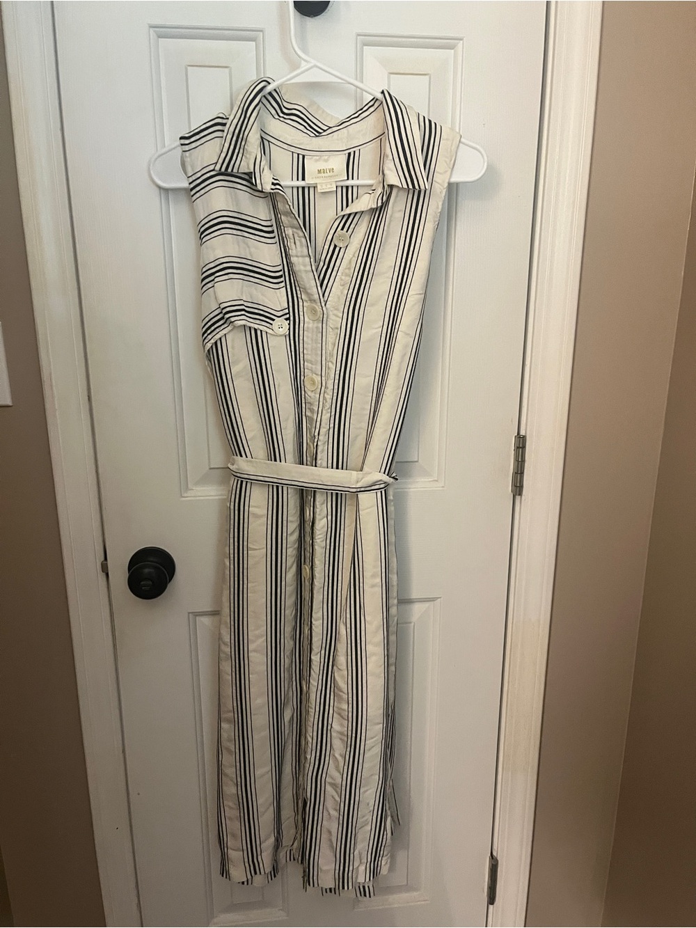 Maeve Anthropologie Striped Sleeveless Shirt Dress in Ivory and Black
